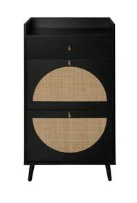Rattan-Look Shoe Cabinet / Large Spacious Shoe Cabinet / Two-Tier Shelves / Easy To Clean / Load Capacity: Approx. 10 Kg / Suitable For Living Room, Entrance, Hallway - Black - View 9