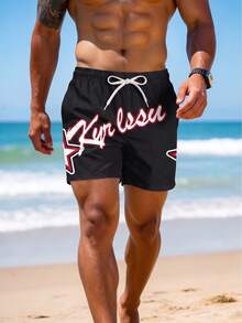 Men's Printed Beach Shorts, Summer Drawstring Elastic Waist Casual Shorts With Pockets, Lightweight And Comfortable Sports - Black and White - View 6