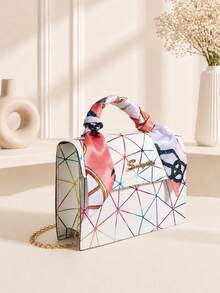 Silk Scarf Chain Colorful Mesh Pattern Fashion Crossbody Bag Handbag - Multicolor - View 4