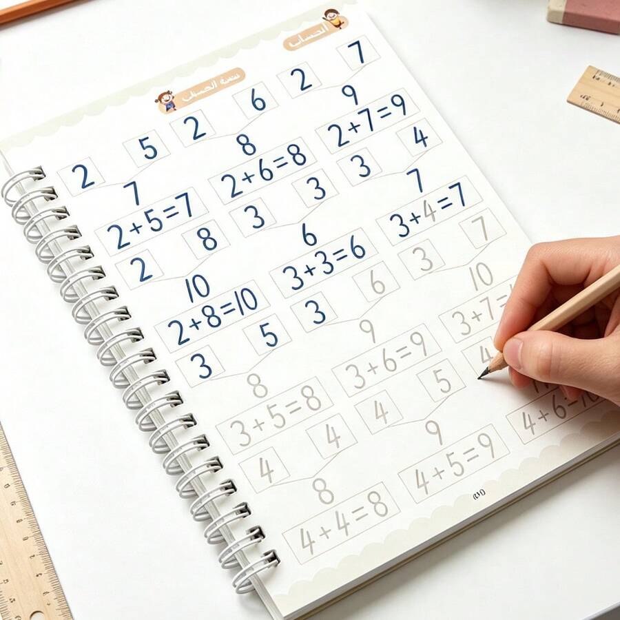 1 pieza Libro de práctica de matemáticas árabes, libro de práctica de números de 16 páginas, para aprender suma y resta y práctica de escritura de números. Adecuado para útiles escolares de regreso a la escuela. - A - Ver 1