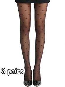 1/2/3 Pairs Women's Fashion Street Style Bow Print Thin Transparent Tights Summer Slim Fit Leggings - Black - View 11