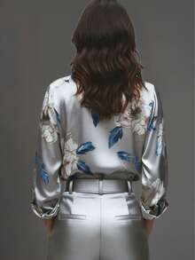Elegant Women's Floral & Leaf Print Button-Down Shirt, Suitable For Vacation And All Seasons Spring - Silver - View 3