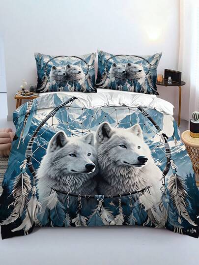 Set Sprei 3pcs Motif Gletser Gunung Salju Penangkap Mimpi Serigala Putih Ganda Serat Poliester (1*Sprei + 2*Sarung Bantal, Tanpa Isi), Pemandangan Salju Hutan Gunung Biru Es Penangkap Mimpi Bulu Serigala Putih Arktik Cetak Digital, Set Perlengkapan Tidur Motif Serigala Putih yang Menyejukkan dan Menenangkan