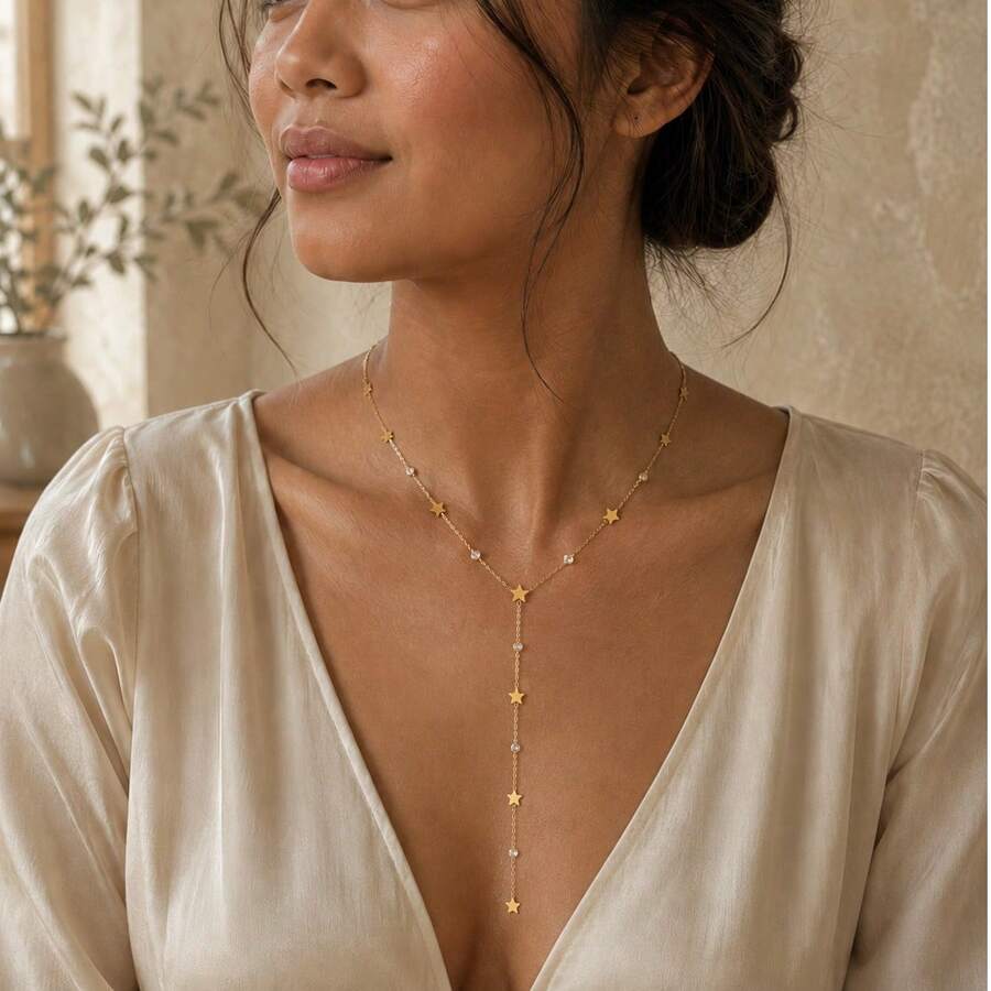 1pc Women's Star Zirconia Y-Shaped Necklace, Luxury Sweet Style, Stainless Steel Color-Preserving 18K Gold Plated, 45cm Collarbone Chain With 12cm Star Zirconia Tassel Drop Design, Suitable For Women's Daily Commute, Date, Evening Party, Holiday Gift - Star Diamond - View 1