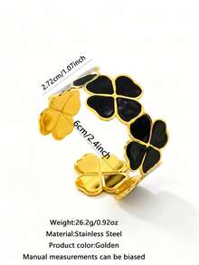 1 buah Gelang Bangle Terbuka Stainless Steel Enamel Desain Daun Semanggi Empat Daun Minimalis untuk Wanita, Cocok untuk Liburan, Kencan, atau Sebagai Hadiah Liburan untuk Teman - Yellow Gold - View 2