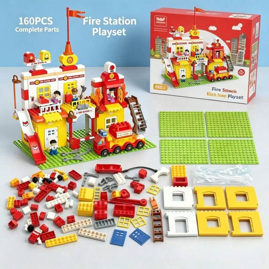 160pcs Fire Station Themed Building Blocks Set, Double-Layer Fire Station With Fire Truck, Slide, Figures And Full Accessories, Free Assembly To Develop Logical Thinking And Hands-On Ability, Suitable For Home Desktop And Window Sill Play, Christmas And Birthday Gift Box - Multicolor - View 1