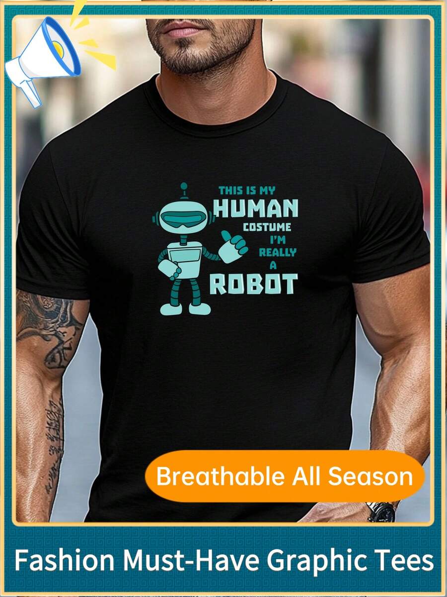 Plus-Size Men's T-Shirt, Simple And Stylish, Relaxed And Casual, Men's "THIS IS MY HUMAN COSTUME I' REALLY A ROBOT" Graphic Summer Casual Crew Neck Sh - Black - View 1