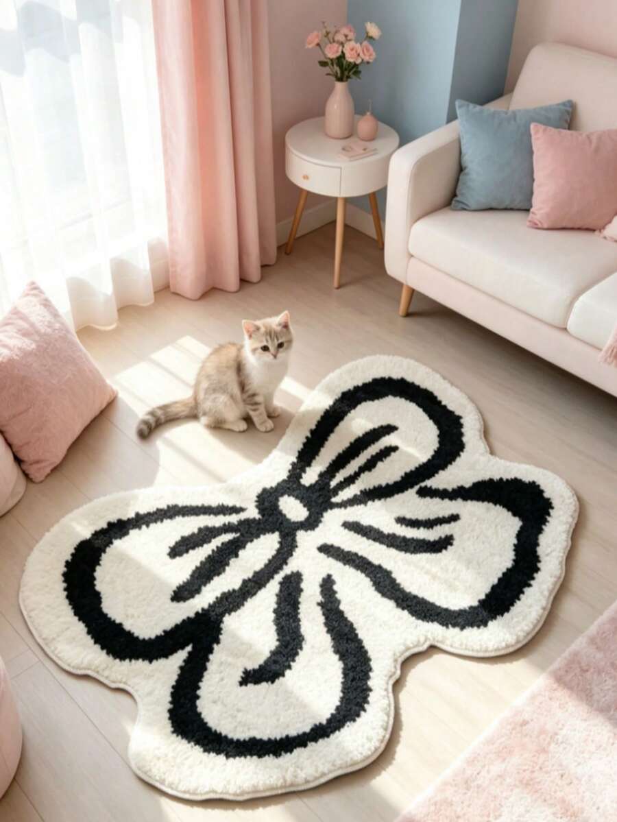 1pc Black And White Minimalist Bow Pattern Floor Mat, Decorative Rug, Bedroom Decor, Small Rug, Carpet, Home Decor, Living Room Rug, Living Room Small Rug, Bedroom Rug, Living Room Home Decor, Outdoor Rug, Washable Rug - Multicolor 15 - View 1