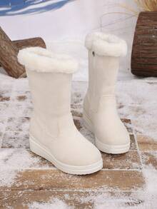 1 Pair Autumn/Winter New Thermal Lined Thick Suede Soft Wedge Heel Side Zipper Mid-Calf Boots For Girls - Beige - View 3