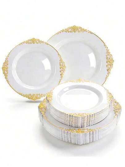 50/25/10/1 pièce Assiettes à dîner avec bordure en or blanc gaufré, assiettes à salade très attrayantes, disponibles en 10,25 pouces et 7,5 pouces, convient pour les gâteaux, les burgers, les sandwichs, les sushis, les salades, les pâtes, idéal pour les restaurants, les mariages, l'extérieur, les fêtes de remise des diplômes, le thé de l'après-midi des filles, les événements de repas en plein air dans le jardin, la rentrée scolaire, Halloween, Noël, la vaisselle de cuisine