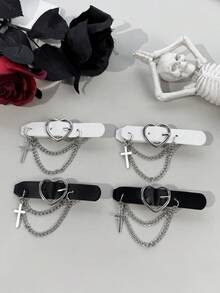 2pcs/Set Y2K Millennium Punk Style Solid Color Heart Buckle Side Clip Double Layer Chain Cross Pendant Design Girl Subculture Bangs Half-Up Hair Streetwear Atmosphere Hair Accessory - Multicolor - View 2