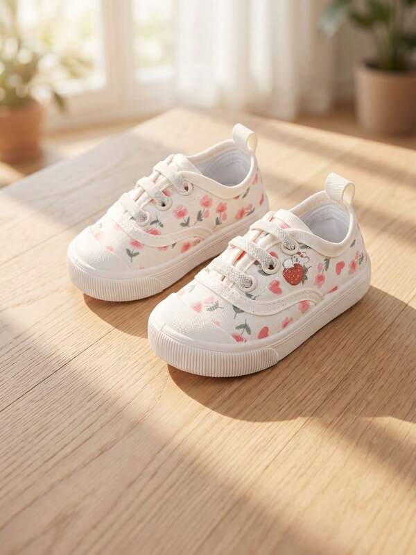 Girls' White Fashionable Versatile Cute Strawberry Lace-Up Sweet Lightweight Easy-To-Wear Casual Canvas Shoes Suitable For Spring Daily Outdoor Travel And Walking