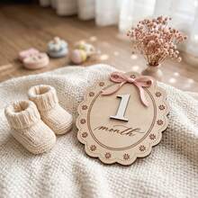 Baby Girl Monthly Milestone Marker, 8 Inch Large Wooden Disc With Pink Bow And Carved Daisy Lace Pattern, 1-12 Months Interchangeable Numbers, Double-Sided Design - Wood Color - View 3