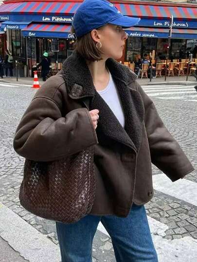 Elegant Women's Vintage Faux Leather Jacket, Autumn/Winter Wool Blend Single-Breasted Coat With Pockets, High Street Outerwear