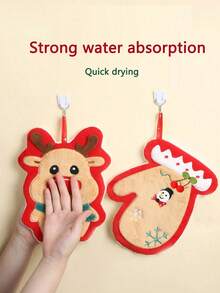 1pc Hanging Cute Cartoon Christmas Pattern Hand Towel, Strong Absorbent Quick Dry, Coral Fleece Microfiber Material, Suitable For Bathroom, Kitchen, Living Room Decor - Multicolor - View 4