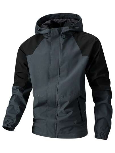 New Plus Size Men's Contrast Color Raglan Sleeve Hooded Jacket, Spring/Autumn