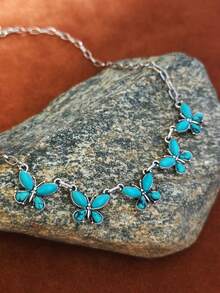 1pc American Western Colorful Gemstone Butterfly Necklace, Distressed Silver Rectangular Chain, Vintage Style Girl Collarbone Necklace - Necklace - View 11
