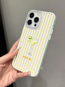 1pc Fresh Striped Orange Slice Wine Glass Slogan Pattern Colorblock 3-In-1 Green Soft Phone Case Compatible With IPhone 11/12/13/14/15/16 Pro Max - Multicolor - View 3