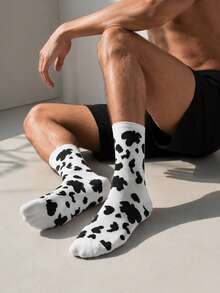 1/3/5 Pairs Unisex Black & White Cow Print Mid-Calf Socks, Streetwear Casual Socks For All Seasons - Black and White - View 2