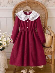 Tween Girls Christmas & Halloween Elegant Burgundy Corduroy Half-Button Cinched Waist Long Sleeve Dress With Contrast White Embroidered Lace Peter Pan Collar, Autumn/Winter Holiday Party Single Piece - Red - View 5