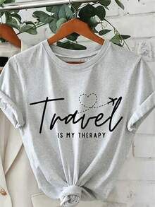 Women's Cotton T-Shirt, "Travel Is My Relax" Letter,Airplane & Heart Print,Loose Round Neck Short Sleeve Tee,Breathable For Summer Daily Wear - 淺灰色 - 查看 7