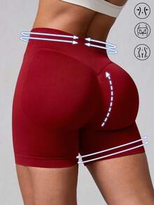 1pc Women's Ribbed Solid Color Seamless Fitted Sports Shorts, Butt-Lifting Ruched Body-Hugging Outdoor Sports Shorts For Running, Yoga And Workout Red - Red - View 8