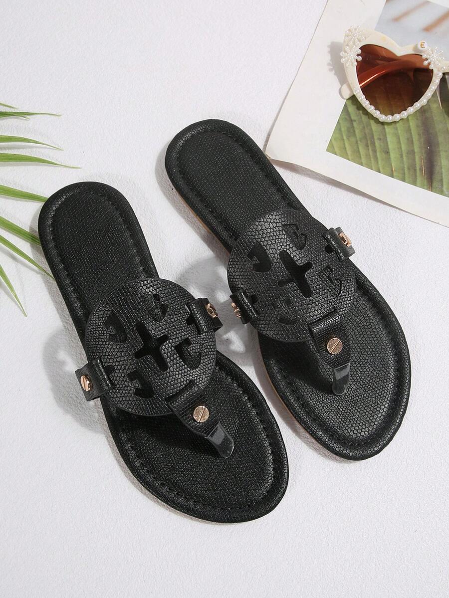 Women's Flat Square Toe Casual Slide Sandals, Summer Beach Vacation Essential, Solid Color Bohemian Beach Holiday Slippers - Black - View 1