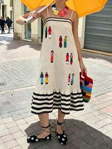 Standard Size Women's Spring/Summer Spaghetti Strap Contrast Color Webbing Patchwork Character Print Striped Patchwork Casual Vacation Dress - Multicolor - View 1