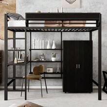 Metal Bed, Bunk Bed, Suitable For Children And Teenagers, With Desk And Wardrobe - Black - View 1
