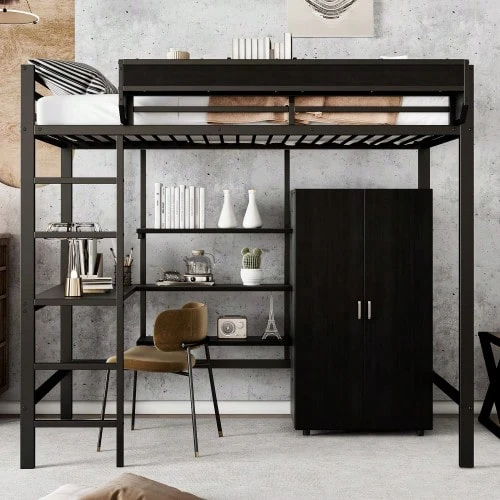 Metal Bed, Bunk Bed, Suitable For Children And Teenagers, With Desk And Wardrobe - Black - View 1
