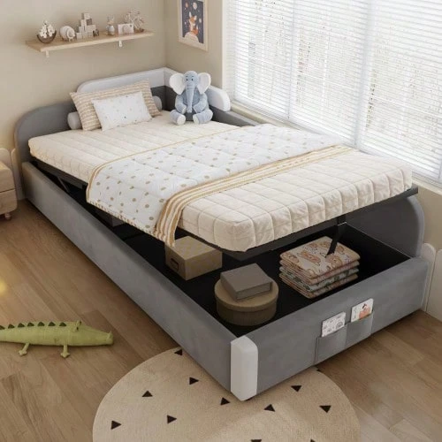 Hydraulic Bed With Storage, Raised Soft Fence, Storage Bag At The Foot Of The Bed - White - View 1