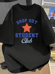 Spring And Summer New Drop-Shoulder Women's Casual Wear, High-Quality Women's Clothing, Women's Short-Sleeve T-Shirt, Quirky "DROP OUT STUDENT" Englis - Black - View 1