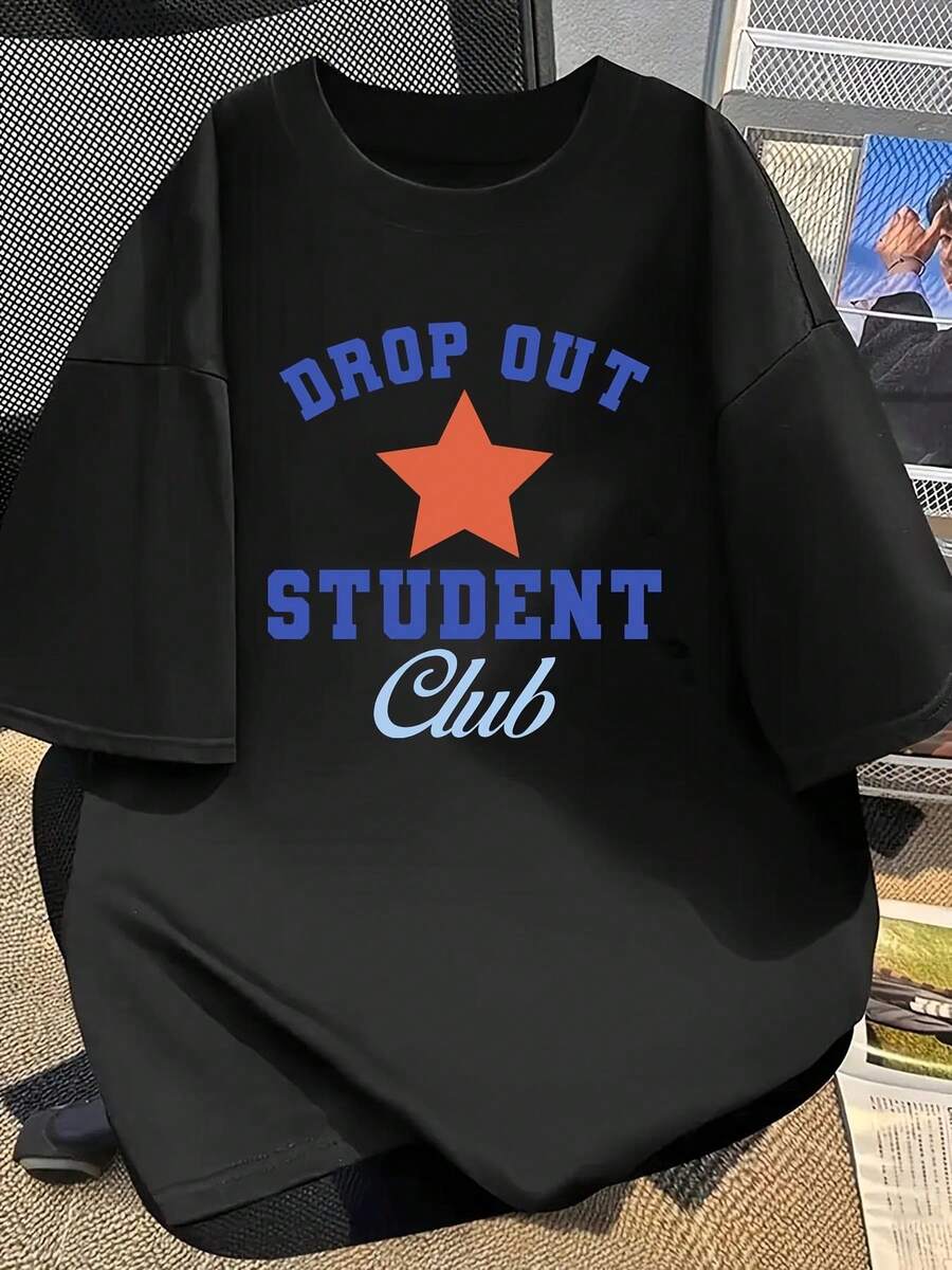 Spring And Summer New Drop-Shoulder Women's Casual Wear, High-Quality Women's Clothing, Women's Short-Sleeve T-Shirt, Quirky "DROP OUT STUDENT" Englis - Black - View 1