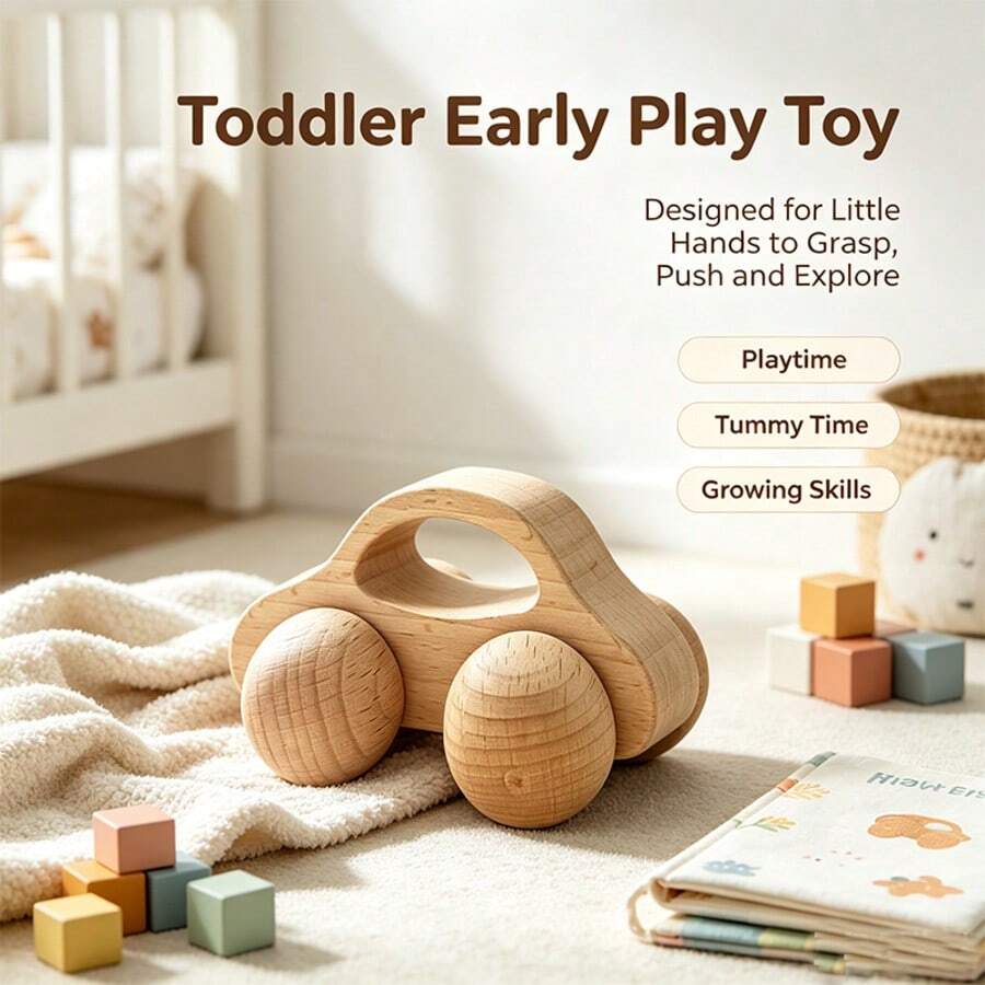 1 Set Beech Wood Baby Hand-Grip Small Car, Hand-Grip Toy, Baby Grasping And Pushing Training Toy, Baby Hand-Eye Coordination And Grasping Ability Cultivation Toy, Children's Gift - Apricot - View 1