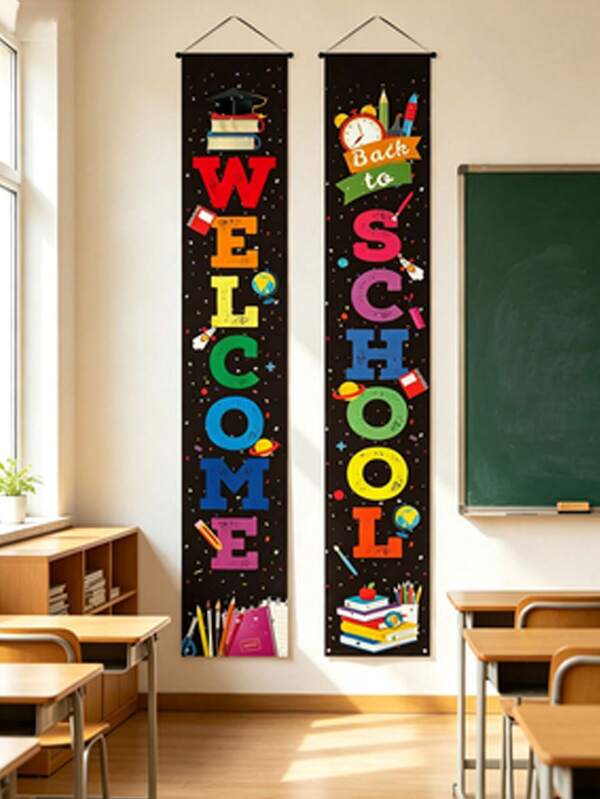 2Pcs Back To School Vertical Porch Banner, Colorful WELCOME SCHOOL Letter Door Hanging Sign, Classroom Front Door First Day School Party Decoration