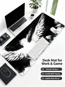 Mouse Pad Gamer Grande com Arte de Asa de Anjo em Tinta Preto e Branco, 3 Tamanhos, Superfície de Tecido Liso, Base de Borracha Antiderrapante, À Prova d'Água, Resistente a Manchas, Borda Costurada com Precisão, Tapete de Mesa para Laptop, PC, Escritório e Jogos - Visão 2
