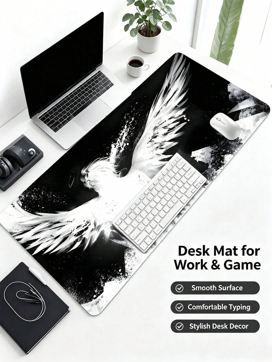 3 Sizes Black White Angel Wing Ink Art Large Gaming Mouse Pad, Smooth Fabric Surface Non-Slip Rubber Base Waterproof Stain Resistant Precision Stitched Edge Desk Mat For Laptop PC Office Game - View 1