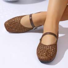 Women's Summer Breathable Hollow Crochet Oval Eye Pattern Square Toe Single Strap Flat Mary Jane Shoes, French Commute Daily Casual Brown Polyester Fabric Low Vamp - Brown - View 3