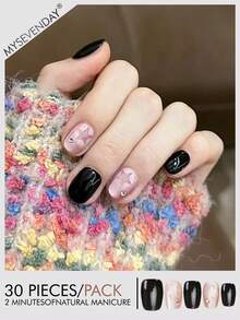 30pieces Press On Nails Short Square Black And Nude Pink Cat Eye Star Pattern With Rhinestone False Nails Set Including Jelly Glue And Nail File Suitable For Gatherings And Daily Use - 彩色 - 查看 1