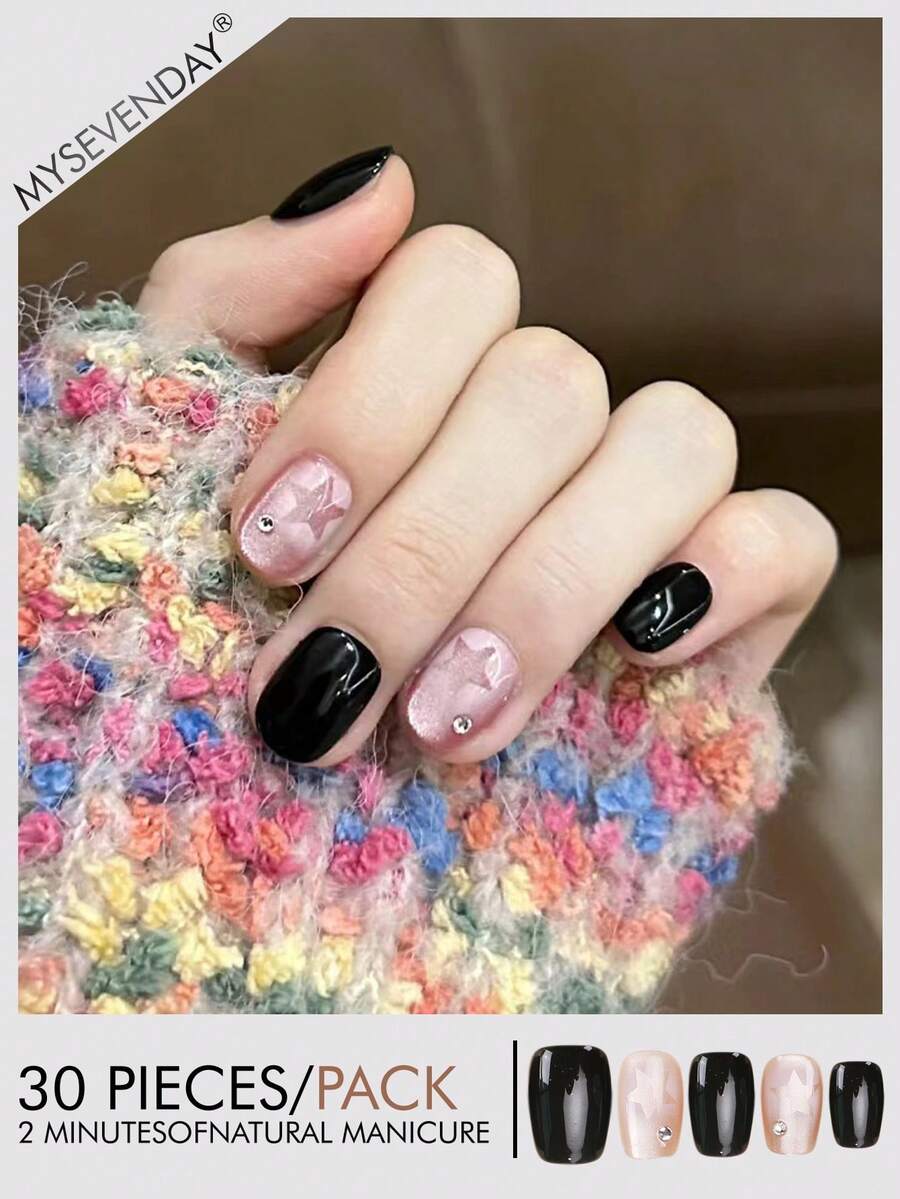 30pieces Press On Nails Short Square Black And Nude Pink Cat Eye Star Pattern With Rhinestone False Nails Set Including Jelly Glue And Nail File Suitable For Gatherings And Daily Use - 彩色 - 查看 1