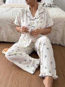 Women's Cute & Stylish Printed Soft Plus Size Pajama Set, Short Sleeve Button Collar Short Top & Long Pants, Soft Skin-Friendly Loungewear, Loose Slimming Fit, Machine Washable Easy Care, Simple Versatile Style For Home & Casual Wear, Suitable For Daily Outings - Multicolor - View 3