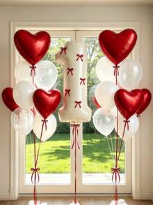 23pcs Red Bow Balloons Set, Includes 32-Inch 0-9 Cream White Number Foil Balloons, With Ribbon Bow Decorations. Perfect For Birthday Party Decor, Couples Anniversary And Valentine's Day Celebration. Romantic Party Decorations. - Red - View 1