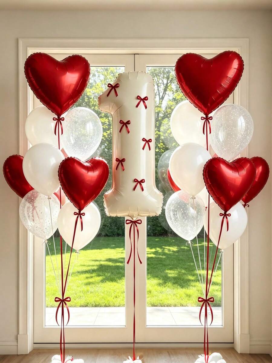 23pcs Red Bow Balloons Set, Includes 32-Inch 0-9 Cream White Number Foil Balloons, With Ribbon Bow Decorations. Perfect For Birthday Party Decor, Couples Anniversary And Valentine's Day Celebration. Romantic Party Decorations. - Red - View 1