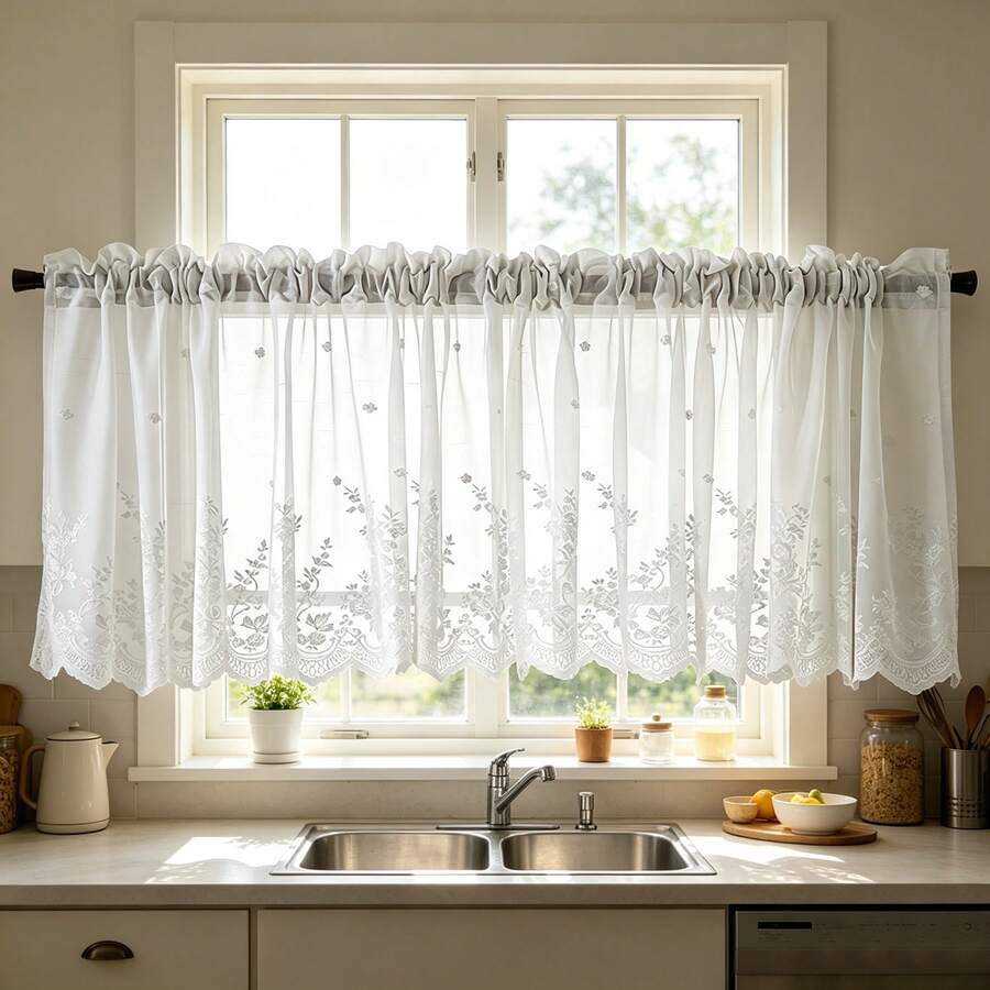 1PC New Lightweight Lace Embroidered Floral Sheer Curtain, Multi-Purpose Translucent Decorative Curtain For Kitchen And Various Spaces, Rod Pocket Design, Finished Short Cafe Curtain, Coffee Color - White - View 1