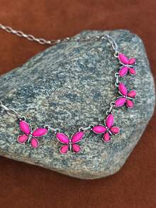 1pc American Western Colorful Gemstone Butterfly Necklace, Distressed Silver Rectangular Chain, Vintage Style Girl Collarbone Necklace - Necklace - View 14