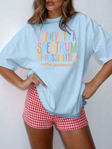 Autismus-Bewusstseins-T-Shirt für Frauen - mit der Aufschrift "Ich glaube an mehrere Möglichkeiten", blau, geeignet für Autismus-Veranstaltungen im April, bequeme Rundhals-Kurzarm-Freizeitkleidung, maschinenwas - Himmelblau - Übersicht 6