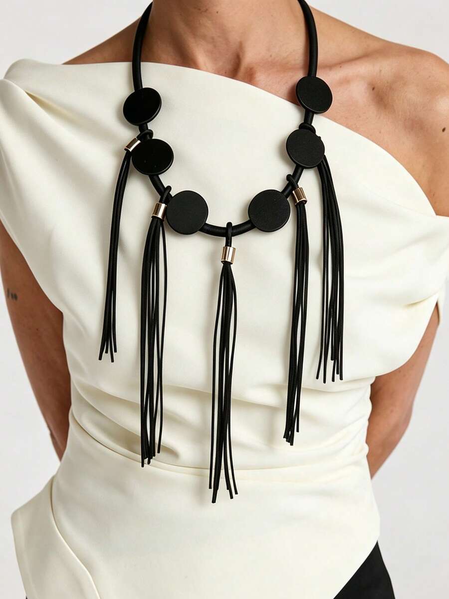 MARLIWOO 1pc Minimalist Long Draped Tassel Necklace, Unique Niche Versatile Accessory, Vintage Gothic Style - Black - View 1
