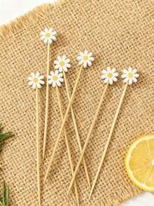 1/50/100pcs White Daisy Decorative Picks, Suitable For Fruit, Dessert, Snack And Cocktail Decoration, Applicable For Daily Home (Tableware) And Party (Dessert Table, Cocktail Party) - Multicolor - View 4