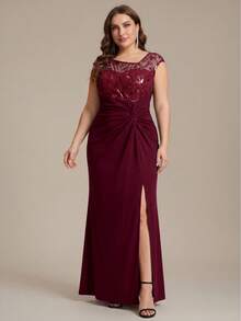 EVERPRETTY 大尺碼女款網紗拼接扭轉抓褶開衩設計優雅晚宴禮服 - 酒紅色 - 查看 3