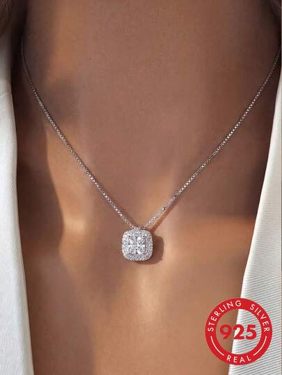 1pc S925 Sterling Silver Minimalist Luxury Elegant Elegant Shiny Design Cubic Zirconia Square Pendant Necklace Women Fashion Classic Personalized Exquisite Cool High-End Niche Versatile Casual Party Neck Jewelry Valentine's Day Exquisite Gift